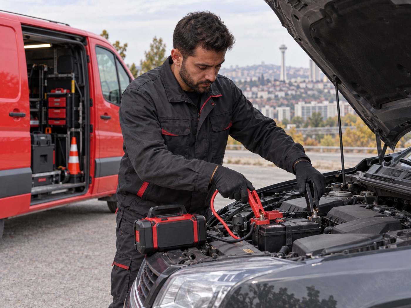 Ankara'da araç aküsüne mobil takviye yapan teknisyen