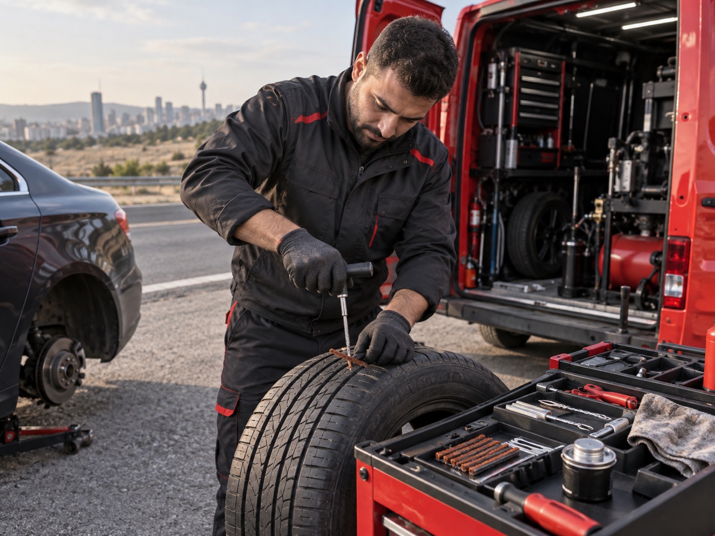 Mobil servis aracının yanında lastik tamiri yapan teknisyen
