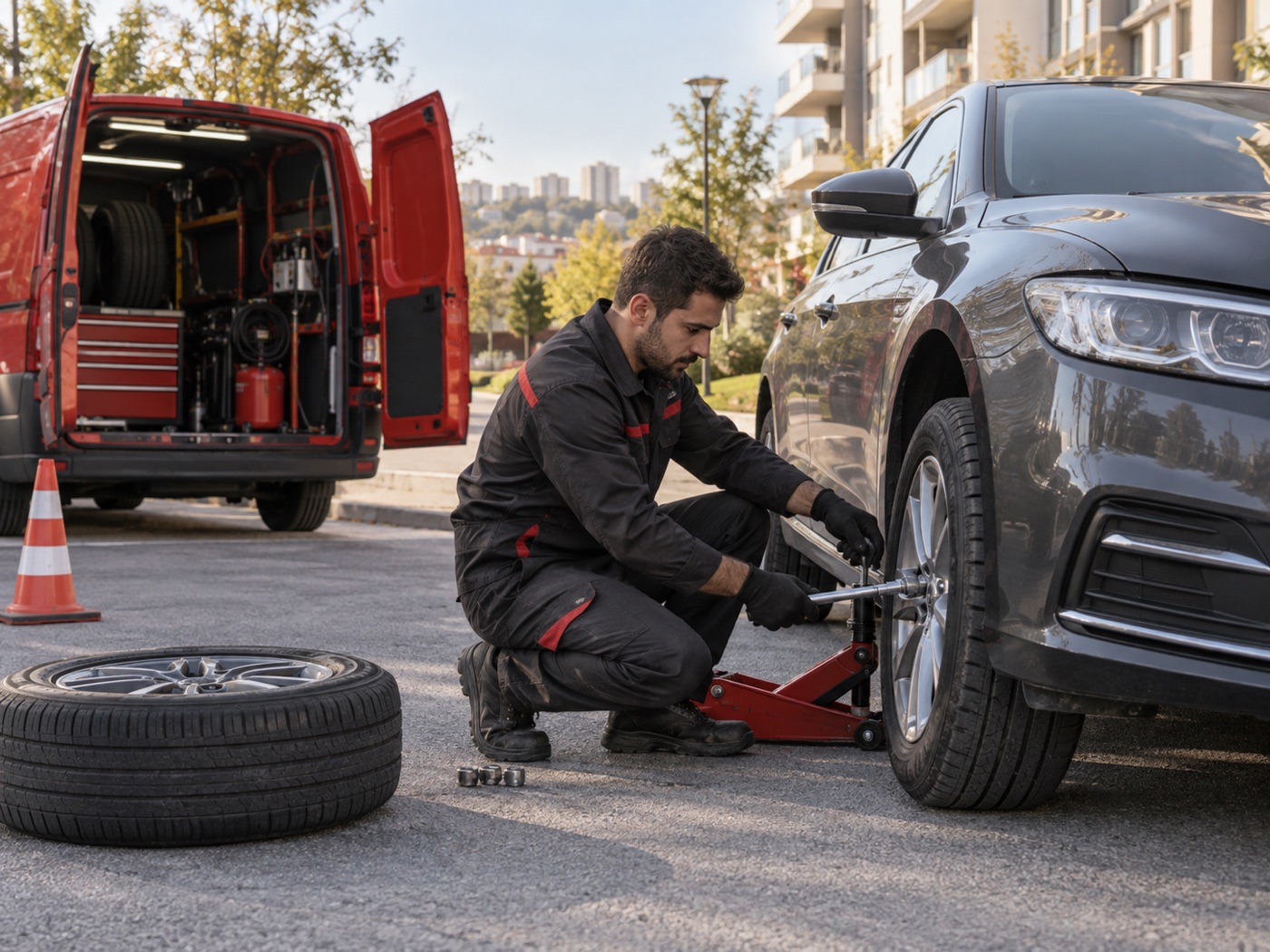 Ankara'da aracın lastiğini yerinde değiştiren mobil servis teknisyeni